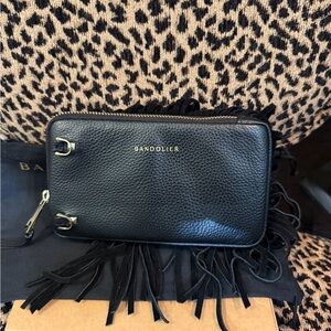 Bandolier Black Leather Pouch with Fringe